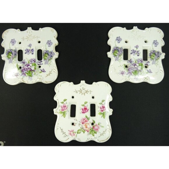 VIntage MCM Double Light Switch Cover Plates Lot Ceramic Floral Pink Purple - Picture 1 of 11